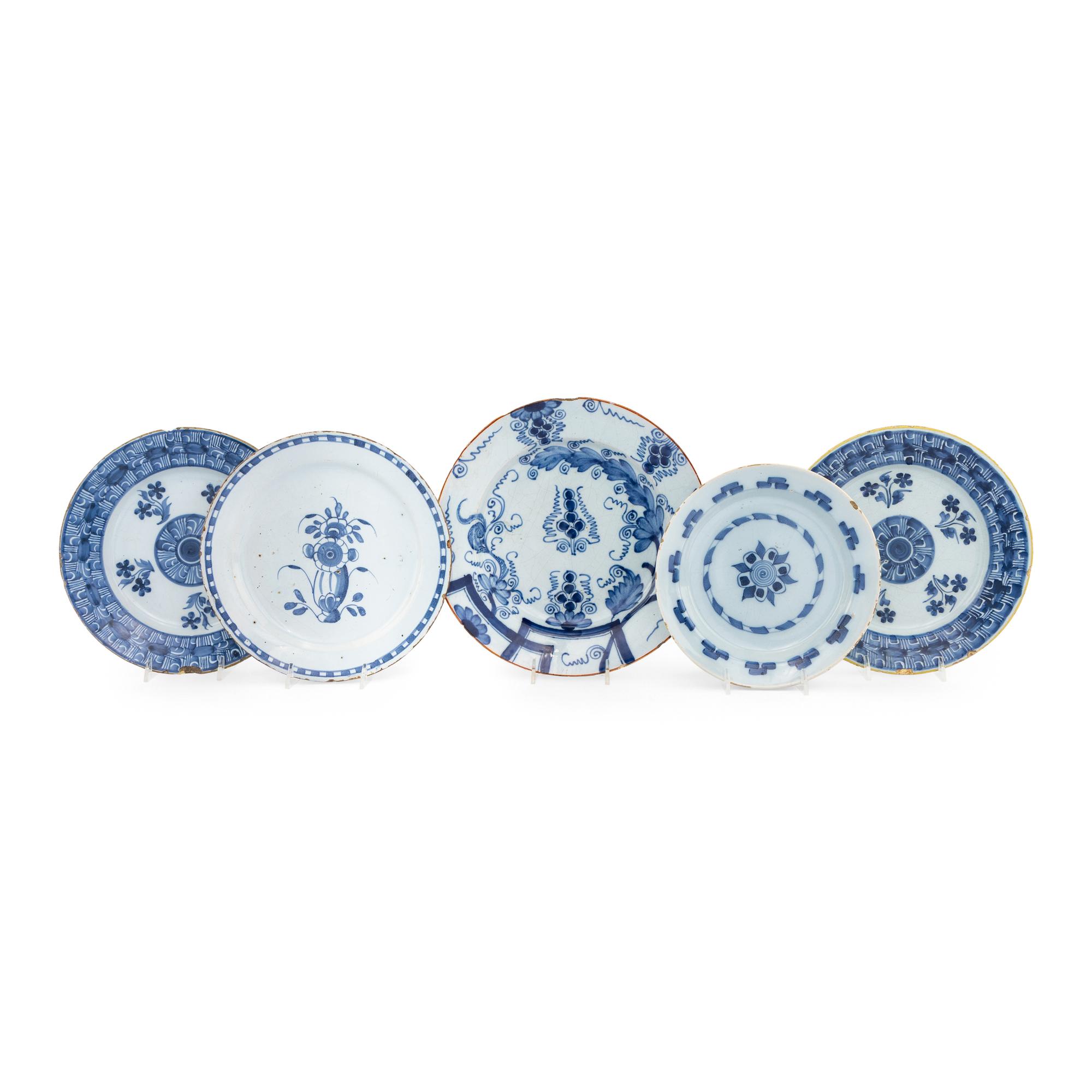 A Collection of Five English Blue and White Delftware Articles