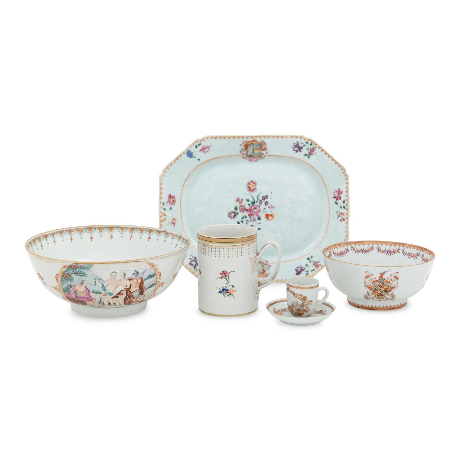 A Group of Six Chinese Export Porcelain Table Articles, 18th to early 19th Century 近代 外銷徽章瓷一組六件