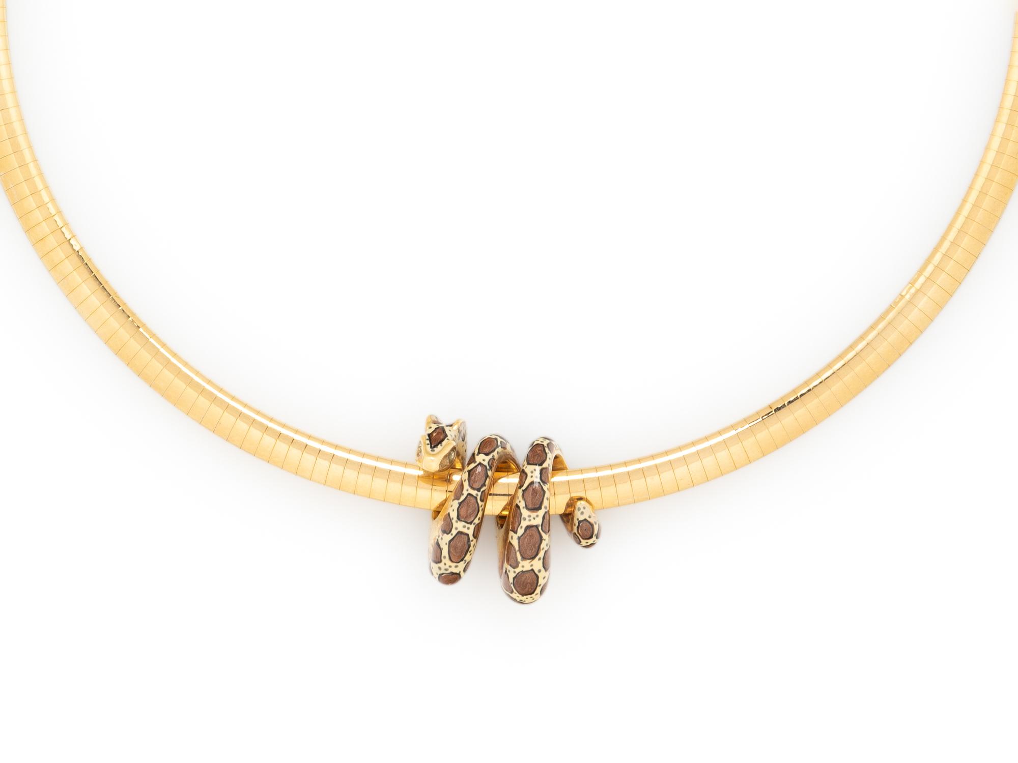 YELLOW GOLD OMEGA NECKLACE WITH SNAKE SLIDE CHARM