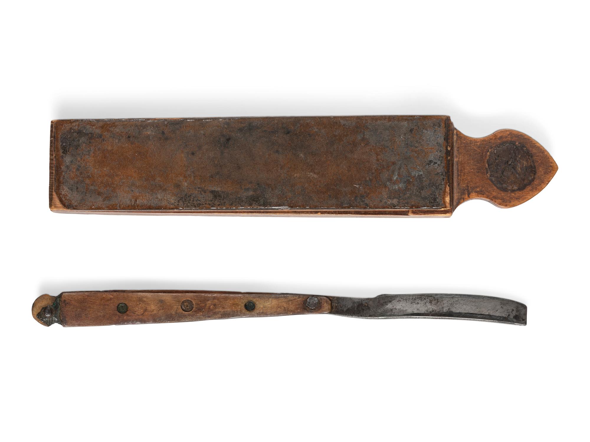 Pre-Civil War straight razor and strop. Hall, [ca 18th-early 19th century].