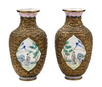 A Pair of Enamel and Repousse Copper Vases
