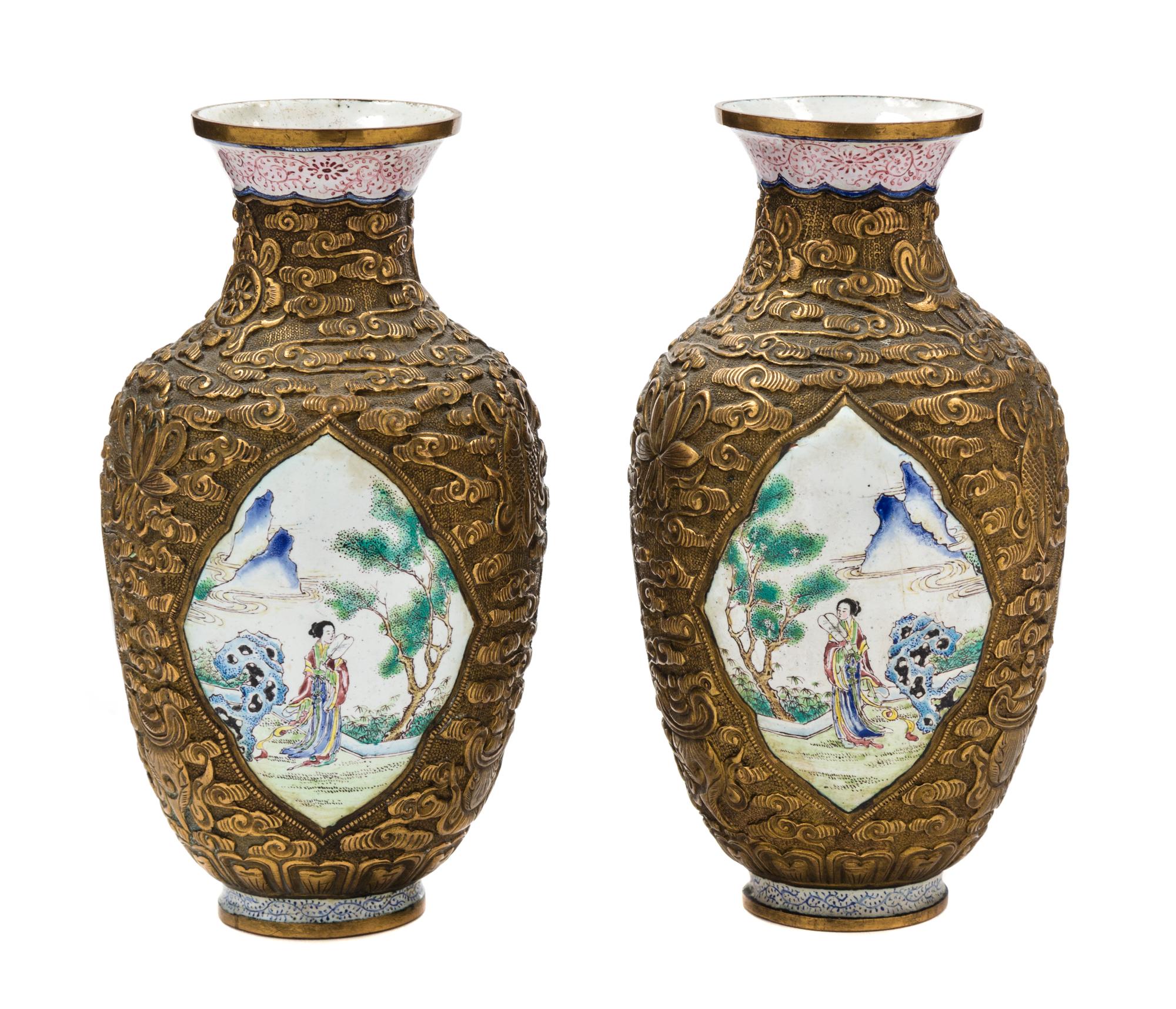 A Pair of Enamel and Repousse Copper Vases