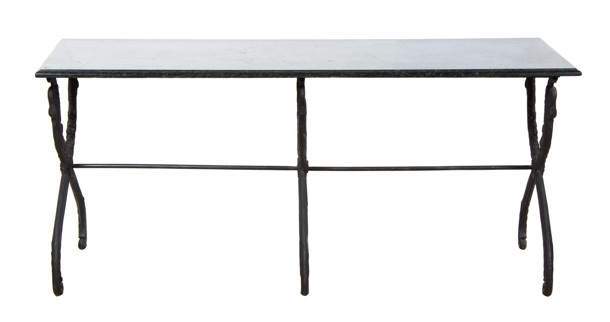 A Neoclassical Style Iron and Marble Console Table Height 28 x width 61 x depth 22 1/2 inches. — LATE 19TH CENTURY