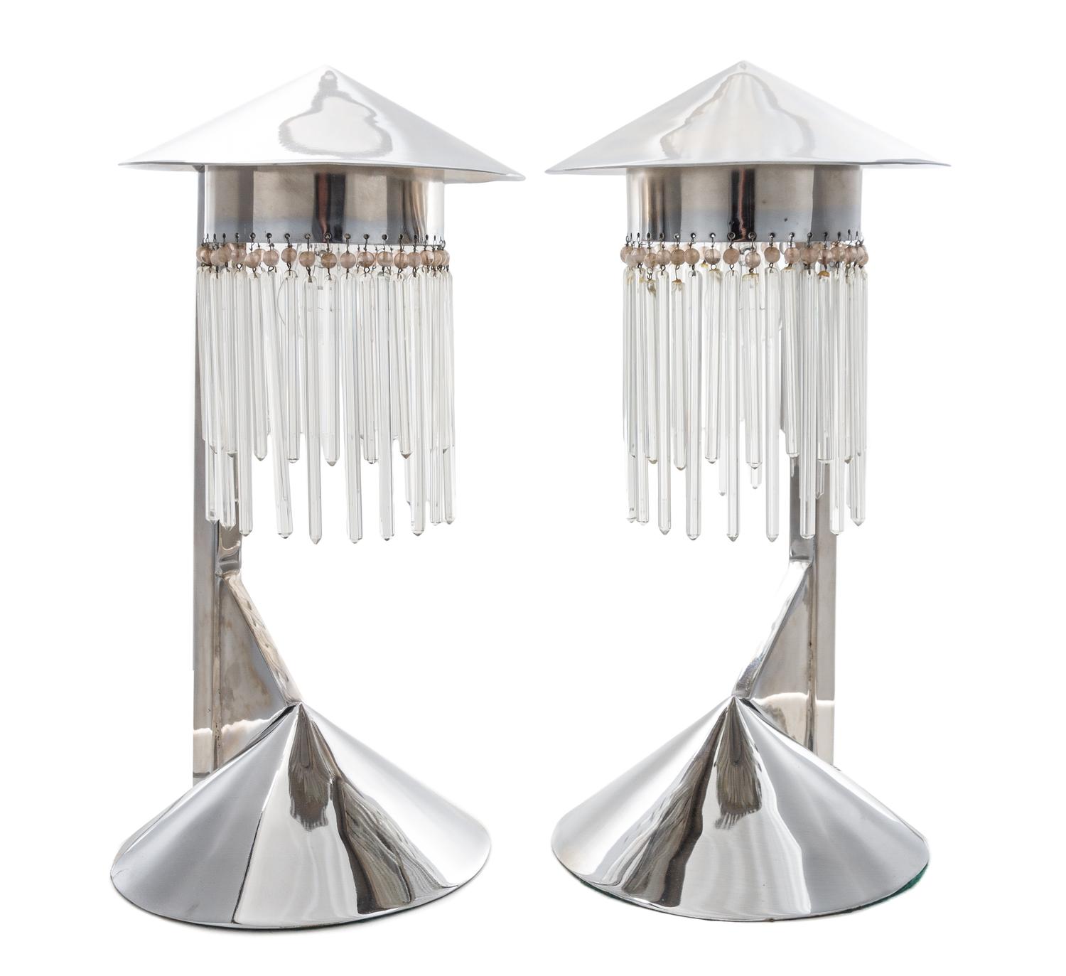 A Pair of Art Deco Chromed Table Lamps Height 17 1/2 inches.