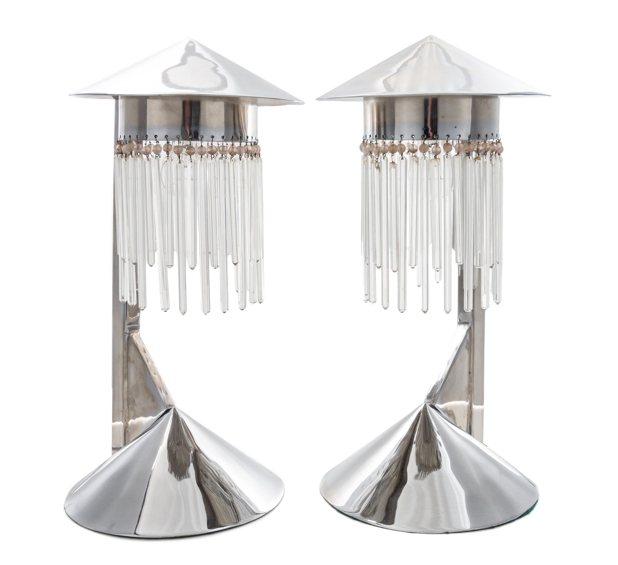 A Pair of Art Deco Chromed Table Lamps Height 17 1/2 inches.