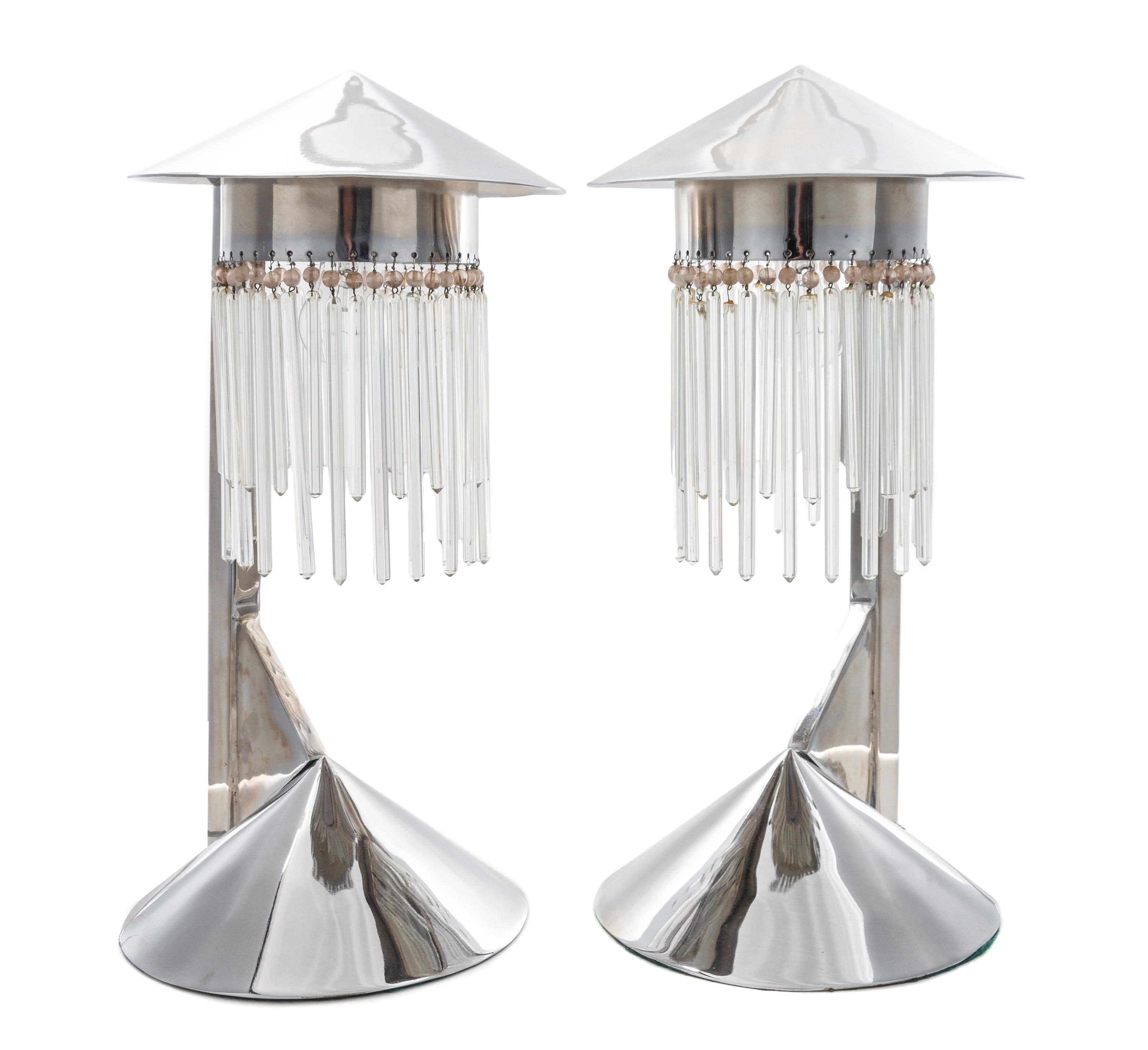 A Pair of Art Deco Chromed Table Lamps Height 17 1/2 inches.
