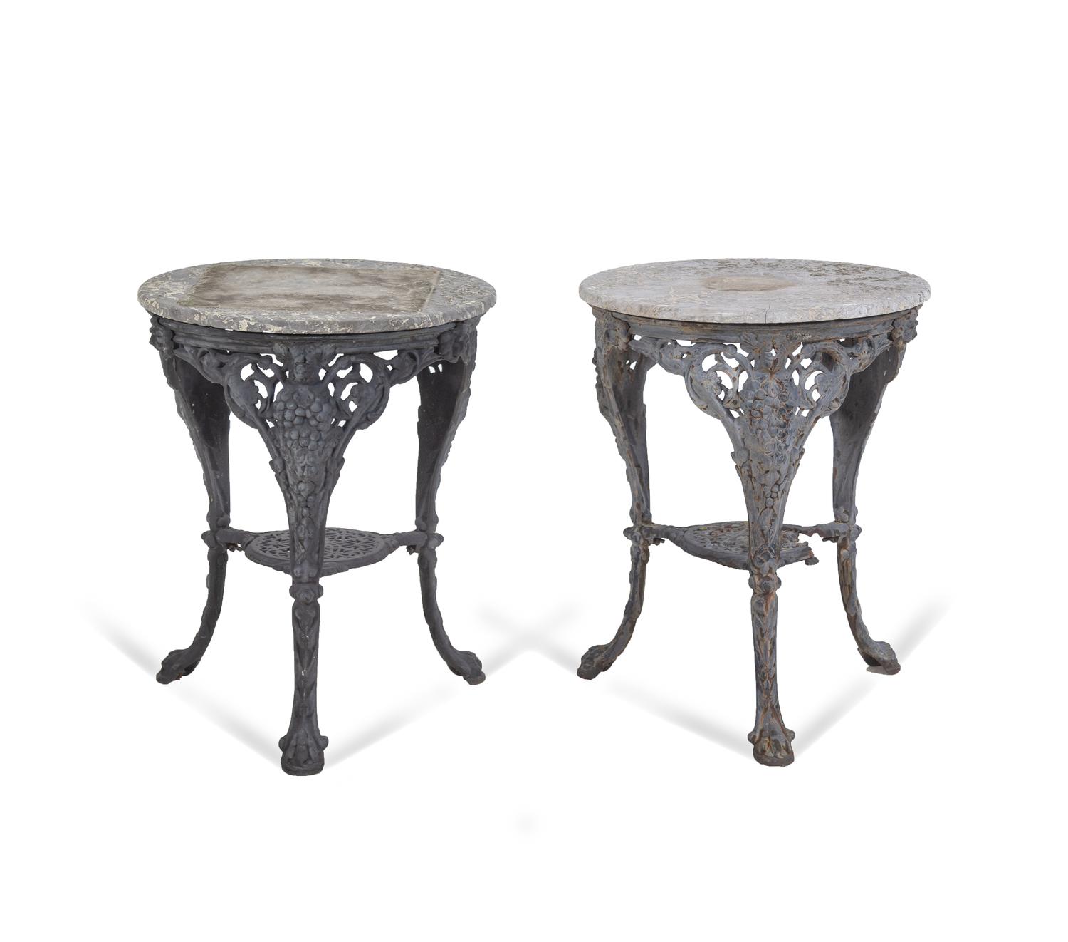 Two Cast Iron and Stone-Top Side Tables