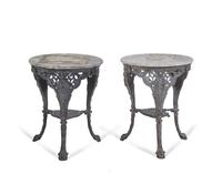 Two Cast Iron and Stone-Top Side Tables