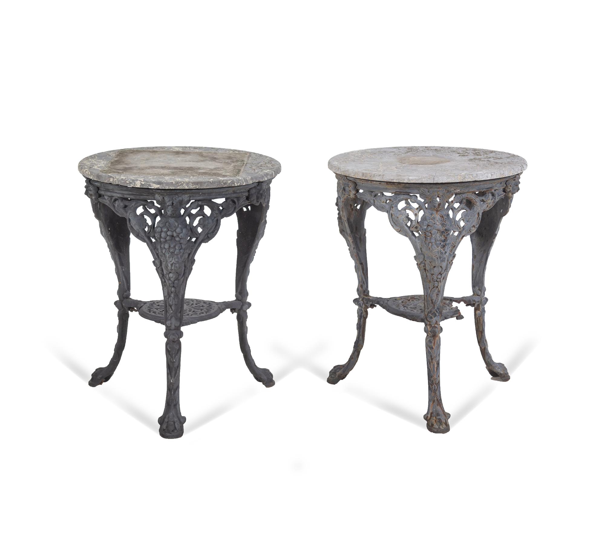Two Cast Iron and Stone-Top Side Tables