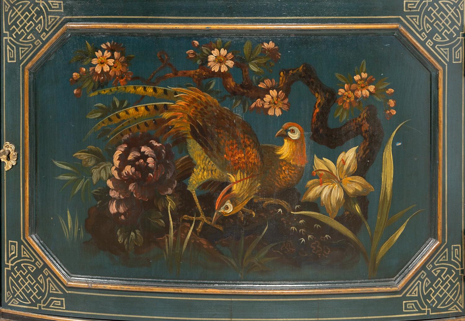 A Pair of Continental Polychrome Decorated Demilune Cabinets
