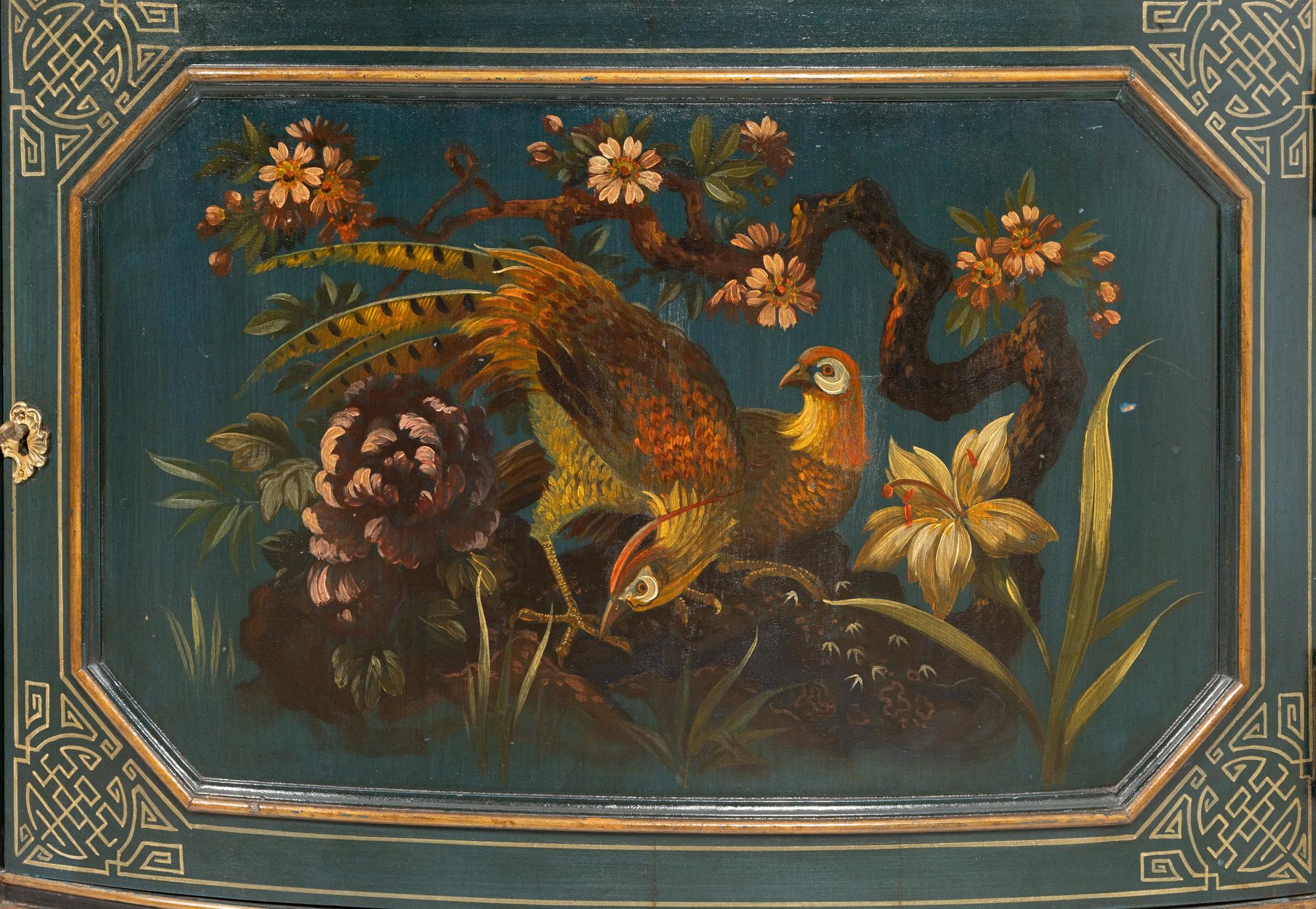 A Pair of Continental Polychrome Decorated Demilune Cabinets