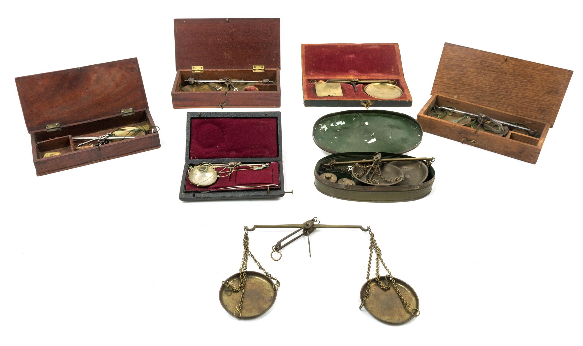 A Group of Seven Portable Balance Scales Width of widest 6 inches.