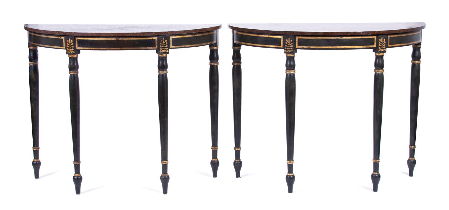 A Pair of Louis XVI Style Ebonized Demilune Console Tables Height 37 x width 46 x depth 20 inches. — 20TH CENTURY