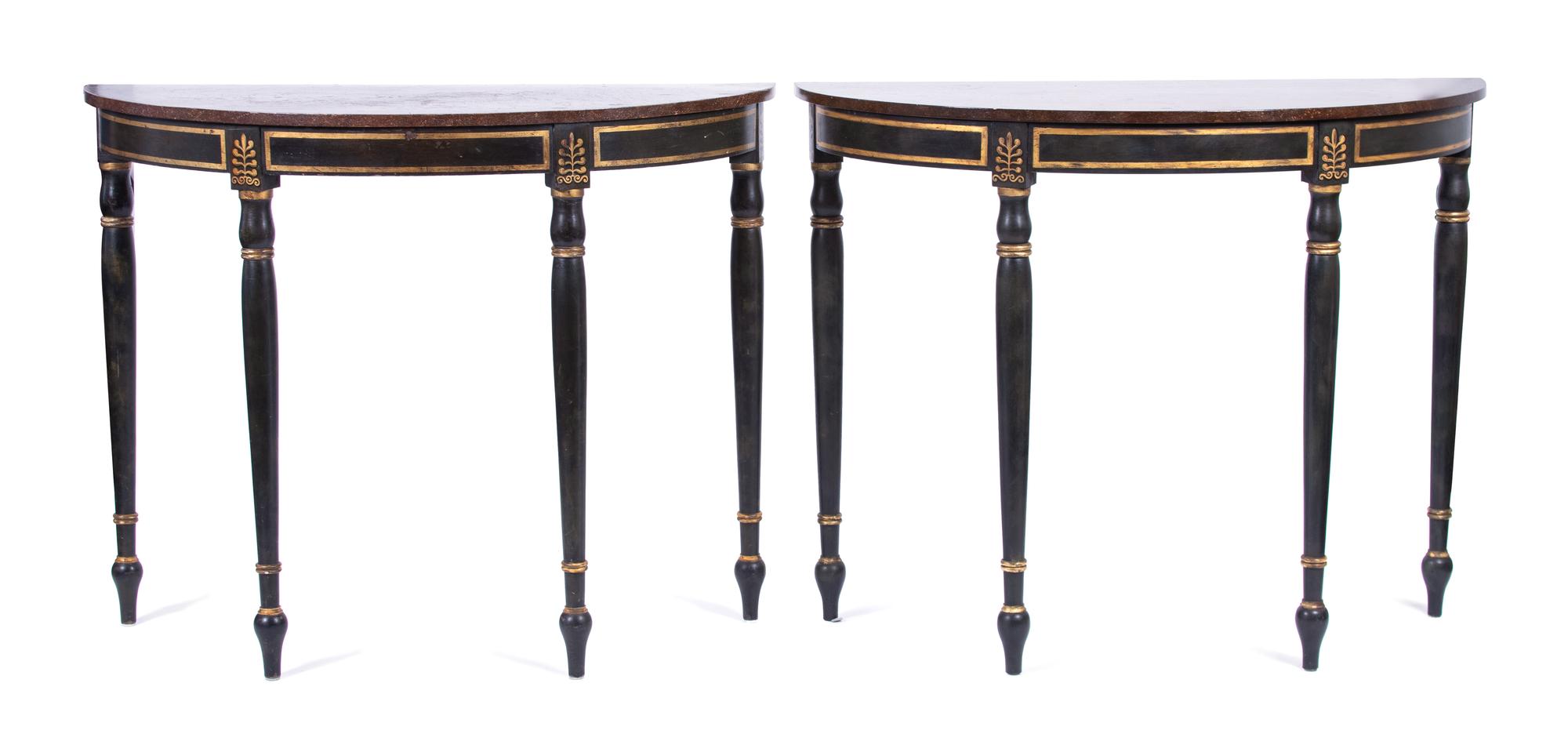 A Pair of Louis XVI Style Ebonized Demilune Console Tables Height 37 x width 46 x depth 20 inches. — 20TH CENTURY