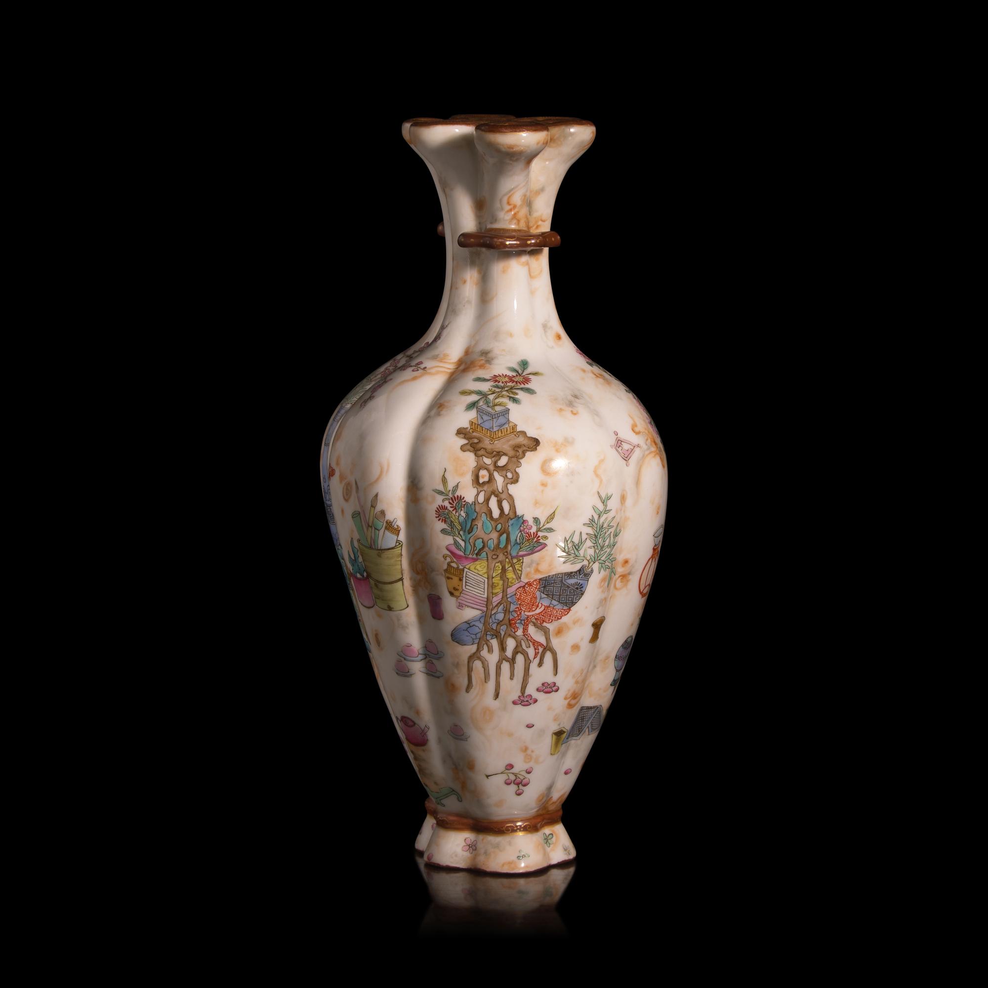 An Unusual Chinese Famille Rose Decorated Vase with "Endless Knot" Lip — 粉彩仿石釉博古圖盤腸口包袱瓶