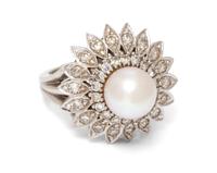 A White Gold, Diamond and Cultured Pearl Ring,