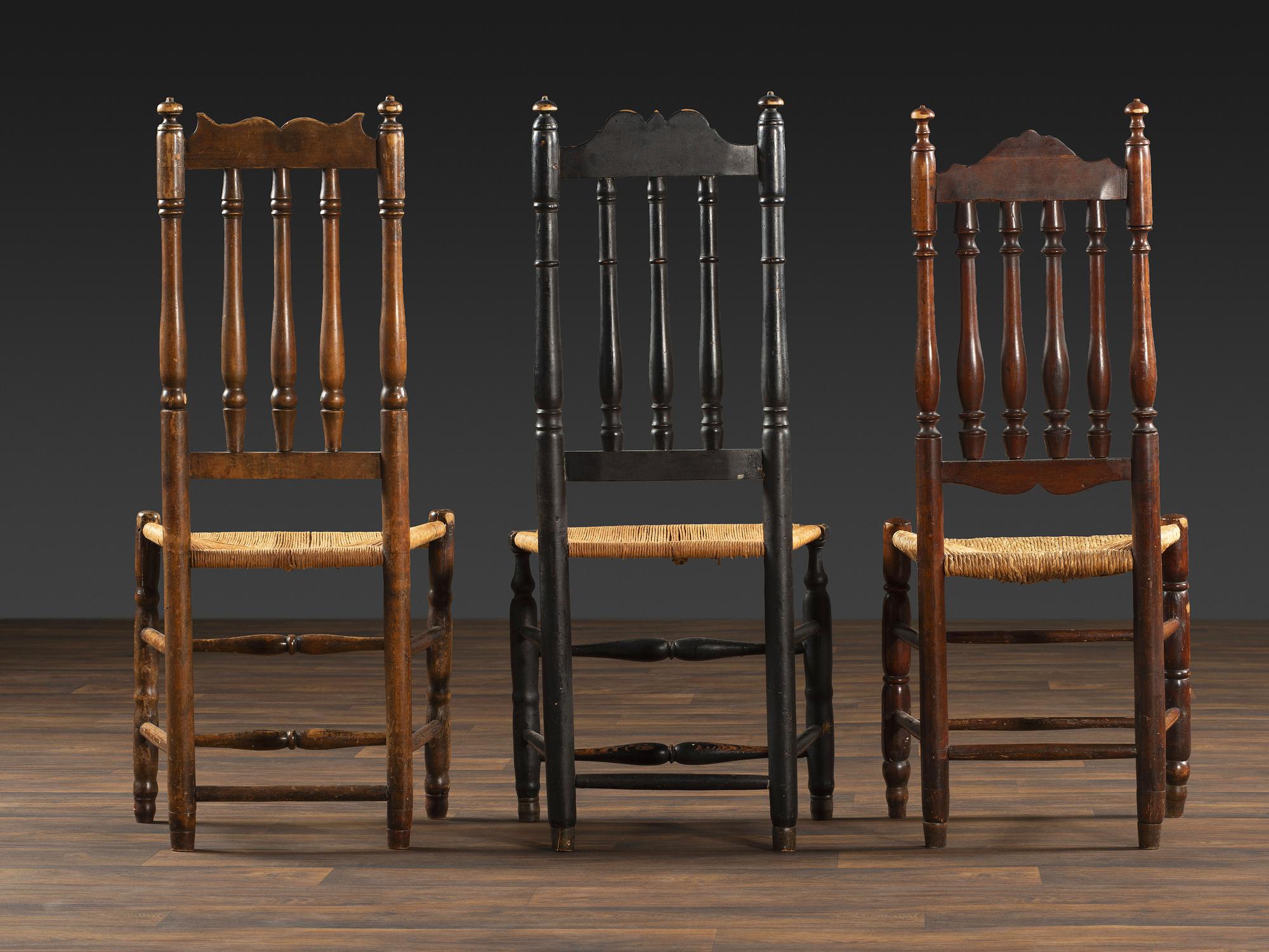 Three William and Mary Bannister Back Rush Seat Side Chairs