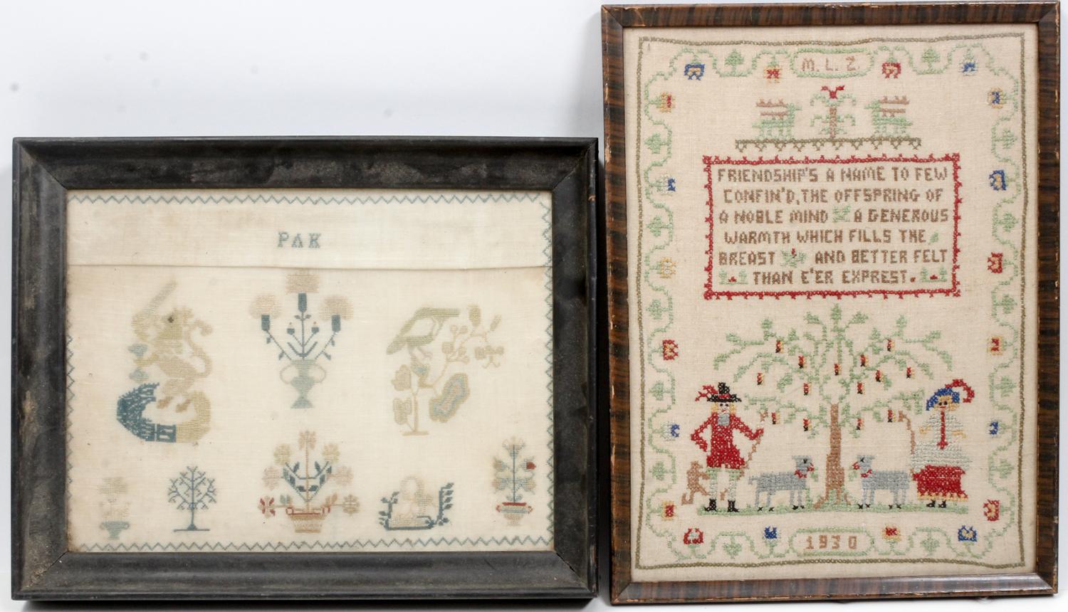 Four Needlework Samplers Height of largest 12 1/2 x width 12 1/2 inches. — FIRST HALF 20TH CENTURY