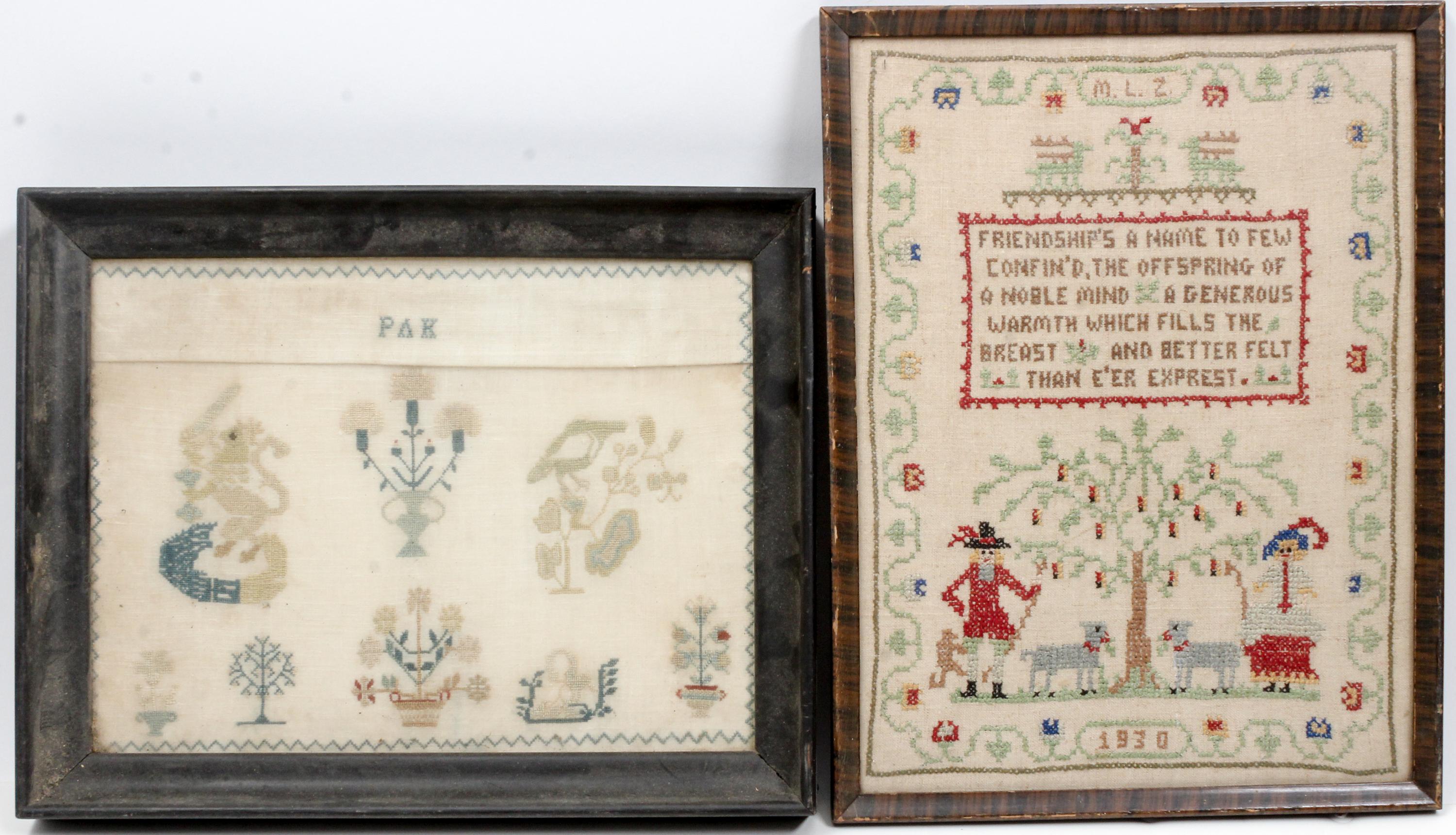 Four Needlework Samplers Height of largest 12 1/2 x width 12 1/2 inches. — FIRST HALF 20TH CENTURY