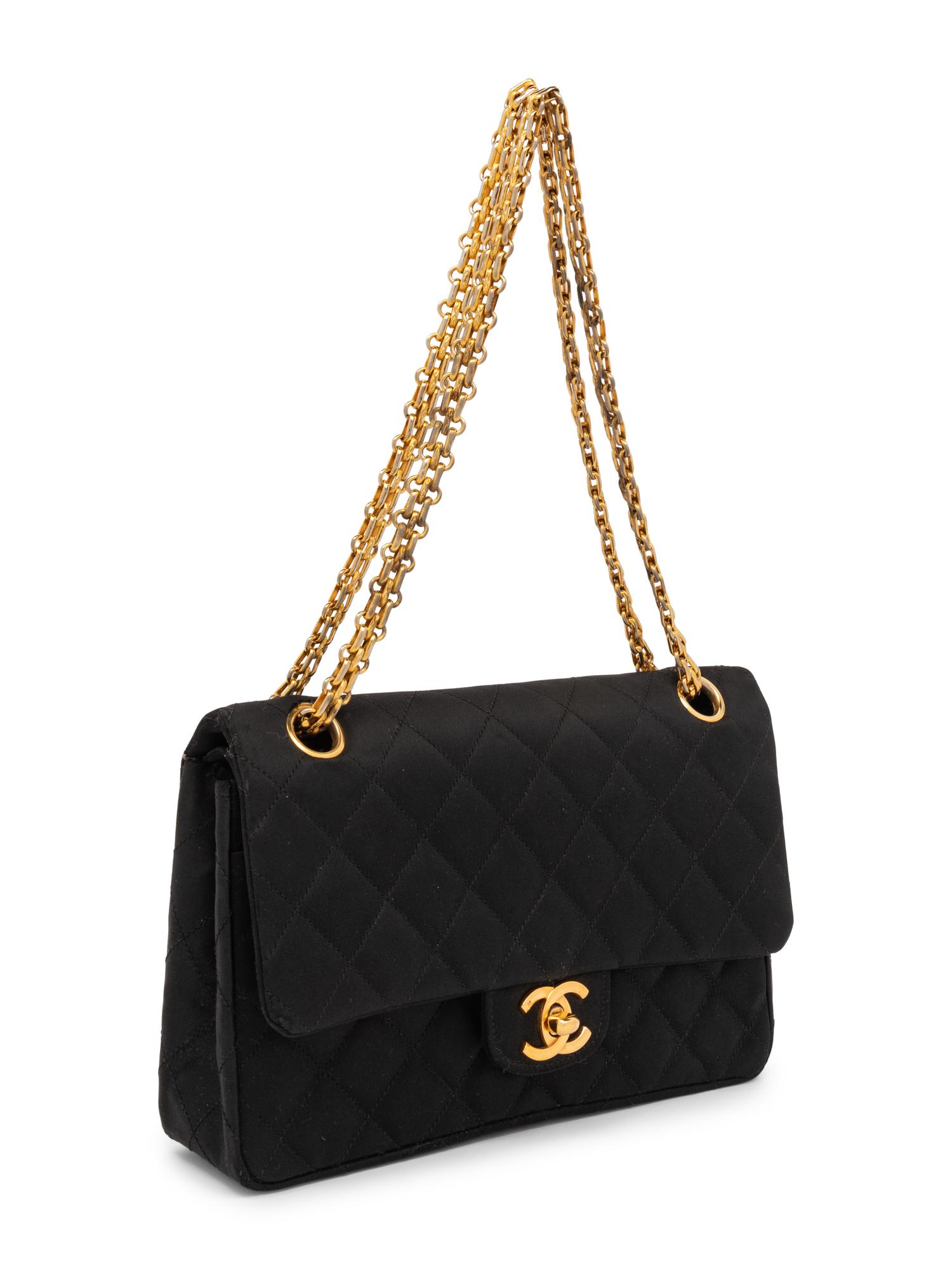 Chanel Double Flap in Quilted Black Satin, Early 1980s