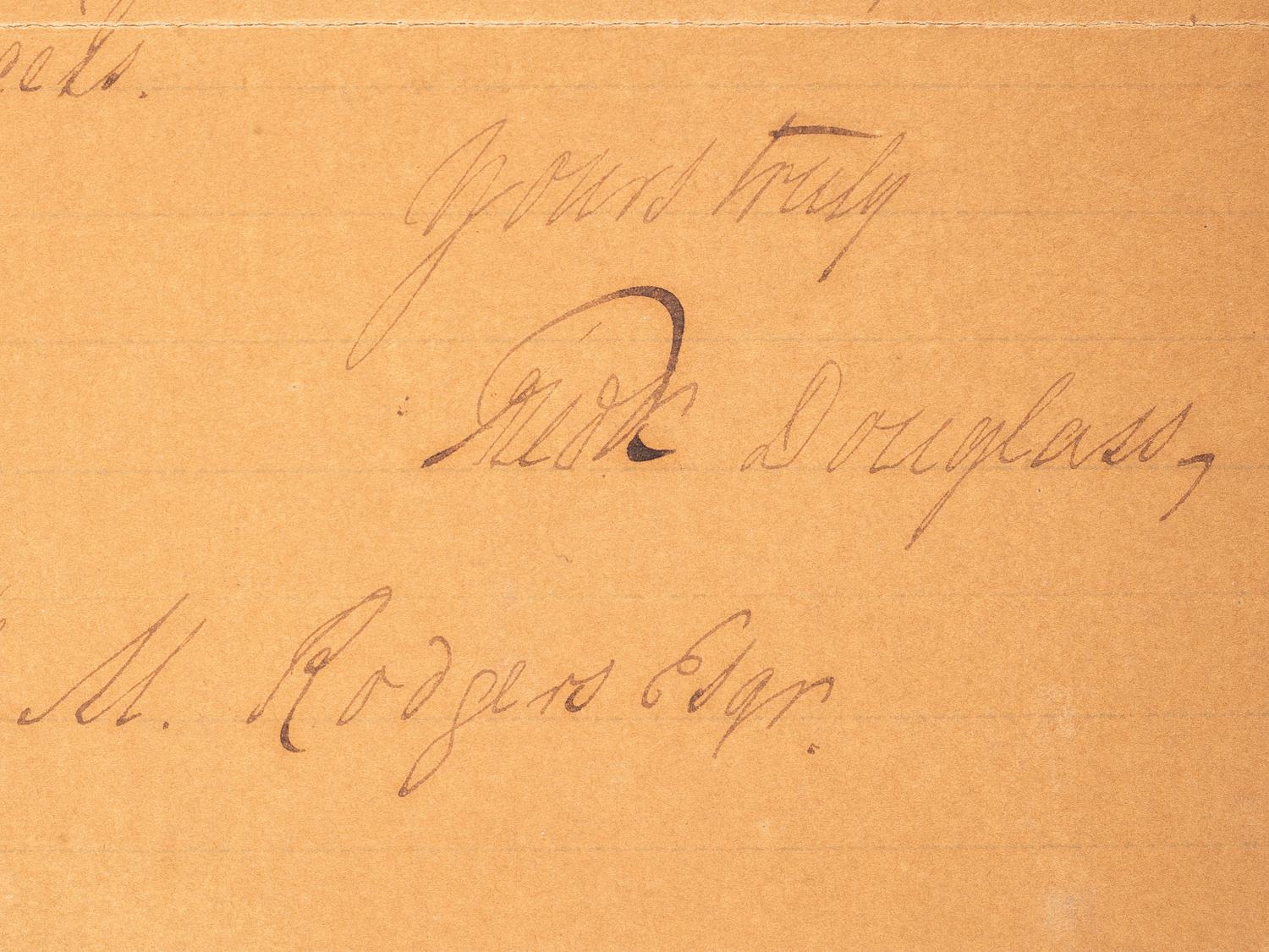 DOUGLASS, Frederick (1817-1895). Autograph letter signed ("Fredk. Douglass"), to M. M. Rodgers. Washington DC, 30 November 1888.