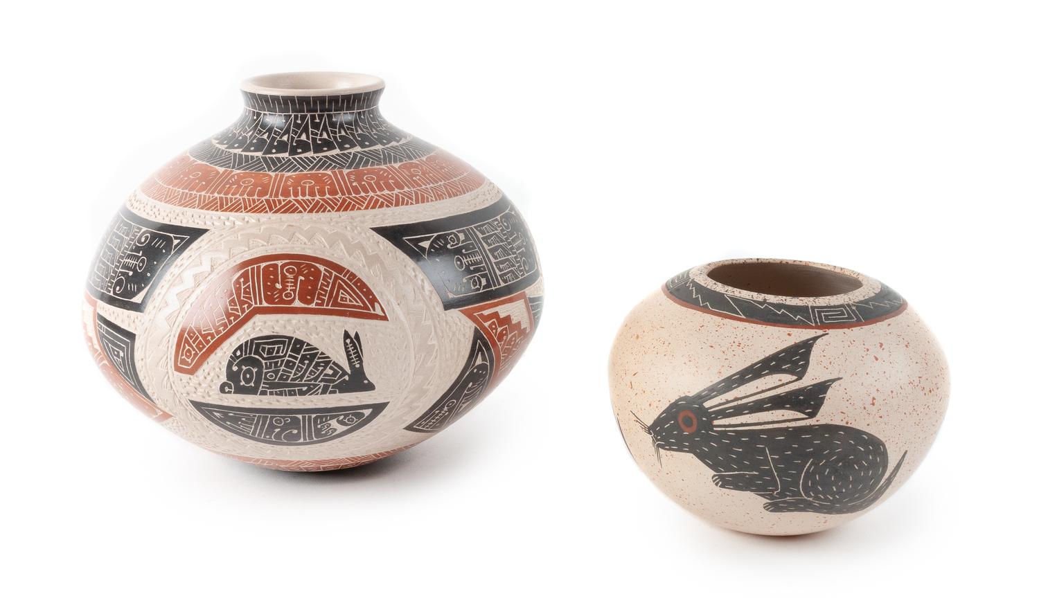 Two Mata Ortiz Polychrome Vases Height of larger 4 1/2 x 5 1/2 inches