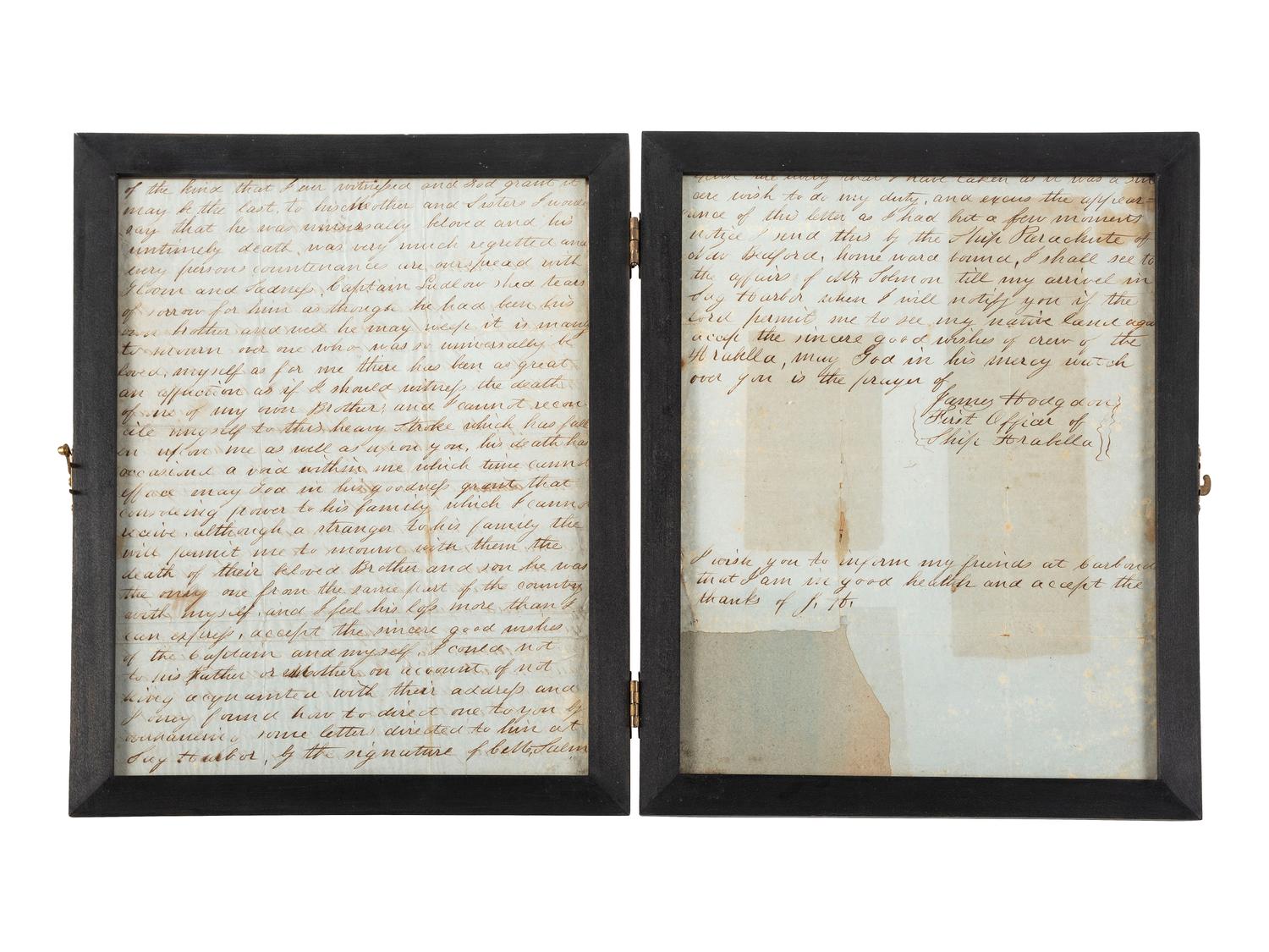 [WHALING]. HODGSON, James. Autograph letter signed ("James Hodgson"), as First Officer of Ship Arabella, to Charles Milton Salmon (1824-1904). Ship Arabella , S. Lat 38.20 Long. 26.00 W, 17 December 1847.