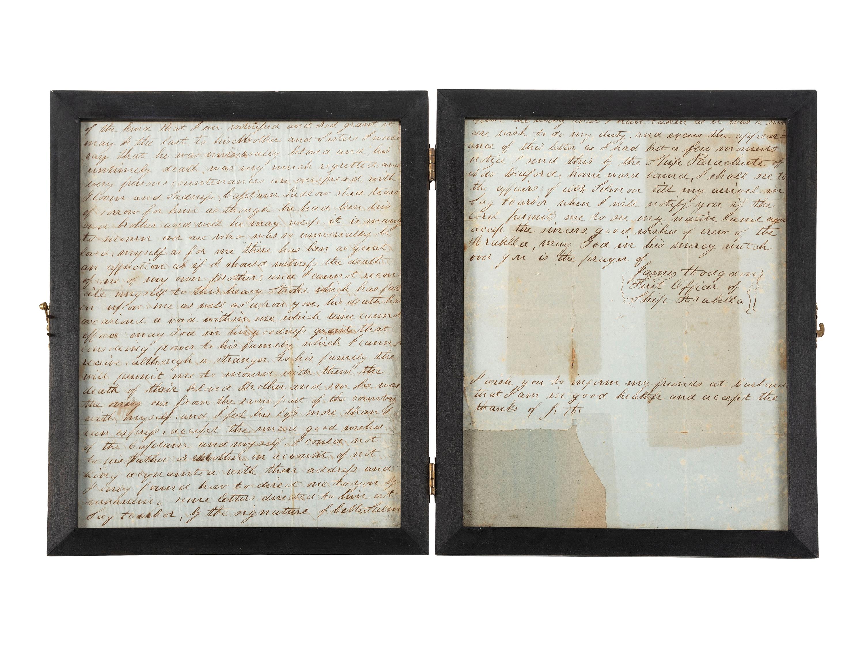 [WHALING]. HODGSON, James. Autograph letter signed ("James Hodgson"), as First Officer of Ship Arabella, to Charles Milton Salmon (1824-1904). Ship Arabella , S. Lat 38.20 Long. 26.00 W, 17 December 1847.