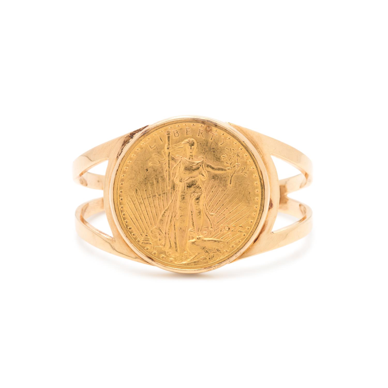 YELLOW GOLD AND US $20 LIBERTY COIN CUFF BRACELET