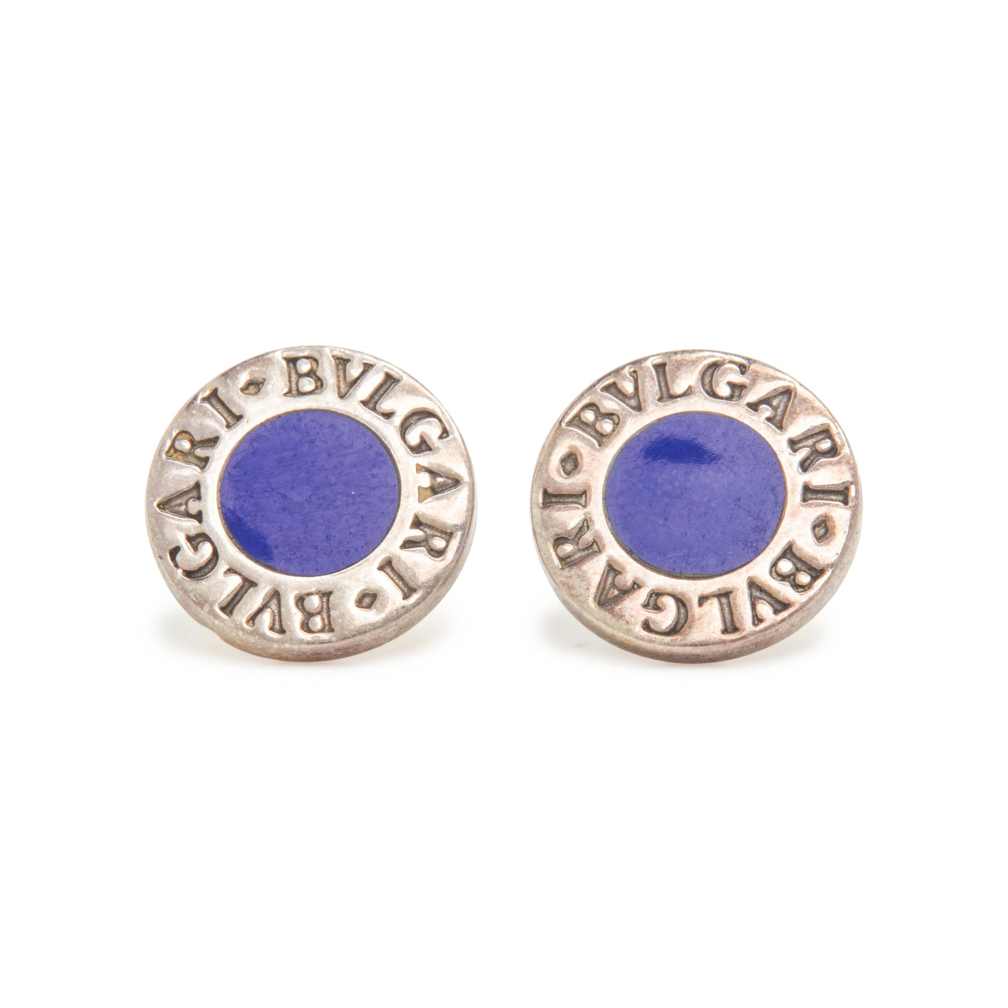 BULGARI, STERLING SILVER AND BLUE ENAMEL 'BULGARI BULGARI' EARRINGS