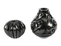 Two Jars: Carved Blackware Jar with Avanyu Design, 1988 and Blackware Melon Jar, 1985