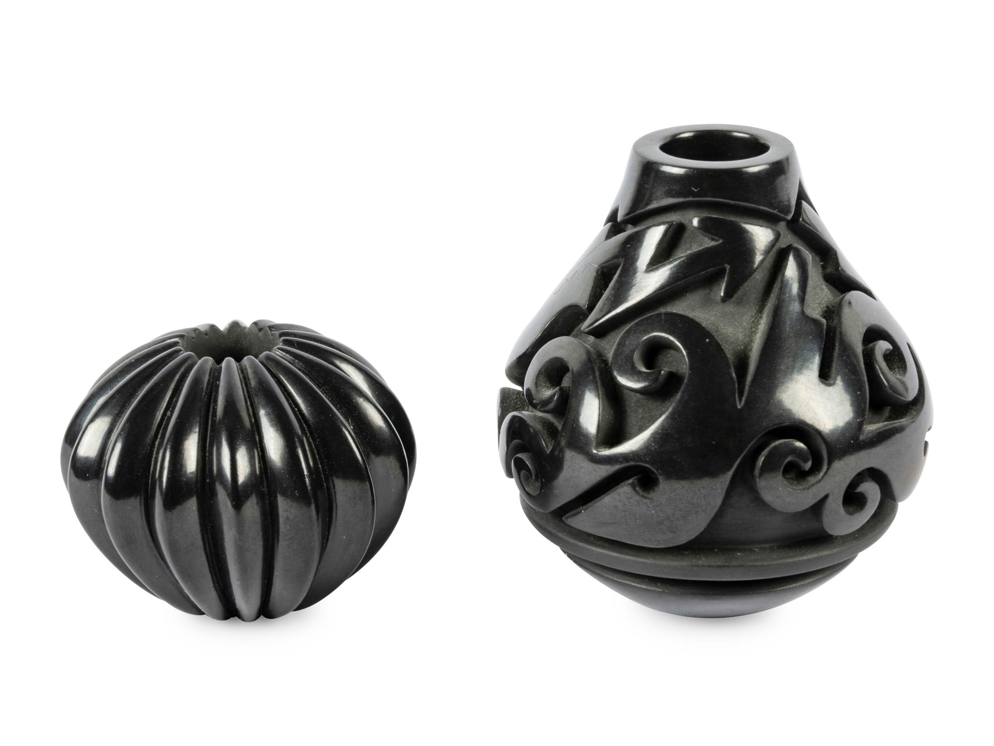 Two Jars: Carved Blackware Jar with Avanyu Design, 1988 and Blackware Melon Jar, 1985