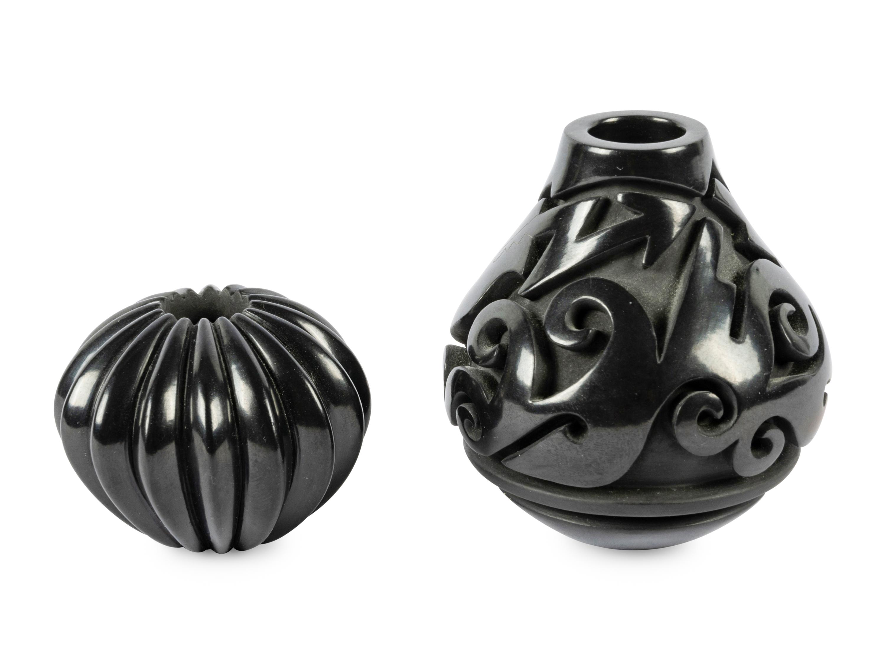 Two Jars: Carved Blackware Jar with Avanyu Design, 1988 and Blackware Melon Jar, 1985