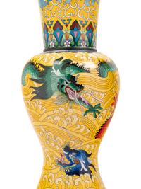 Seven Large Chinese Yellow Ground Cloisonné Enameled Vases