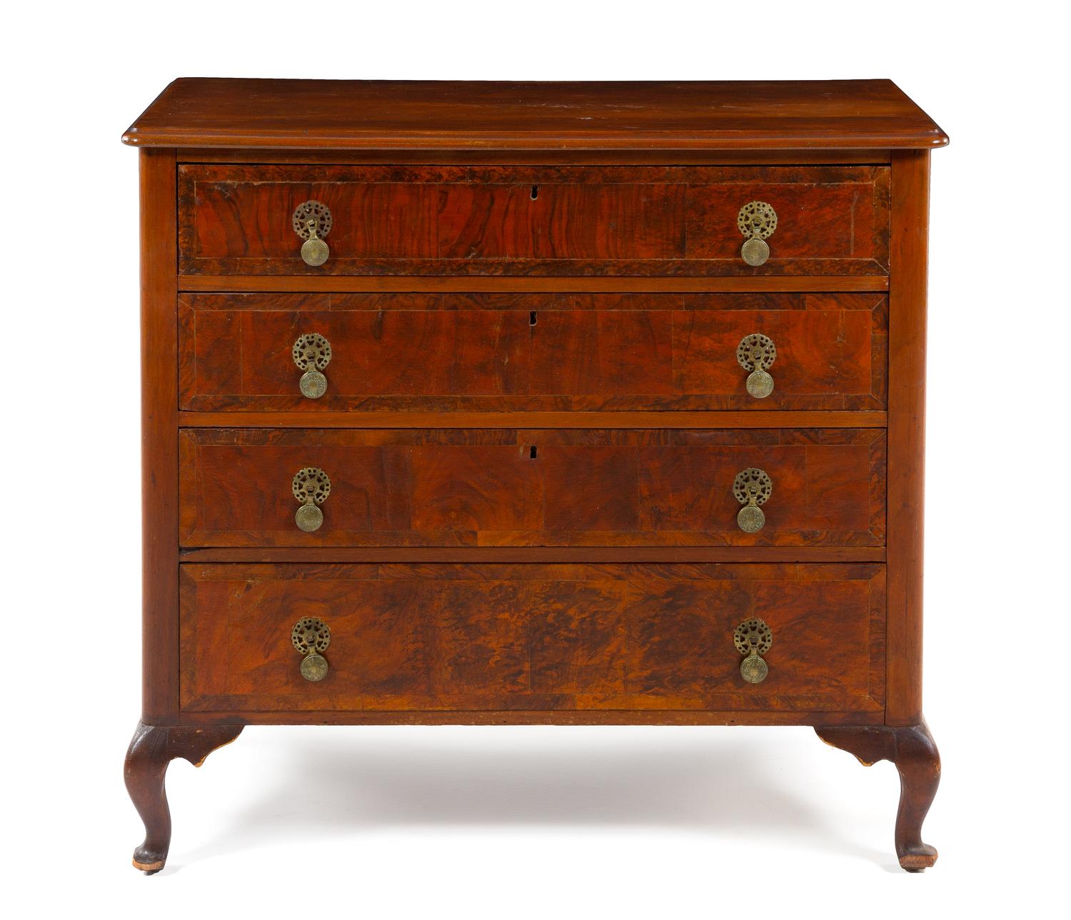 A William and Mary Style Burlwood Chest Height 37 1/2 x width 41 x depth 18 1/4 inches. — 19TH CENTURY