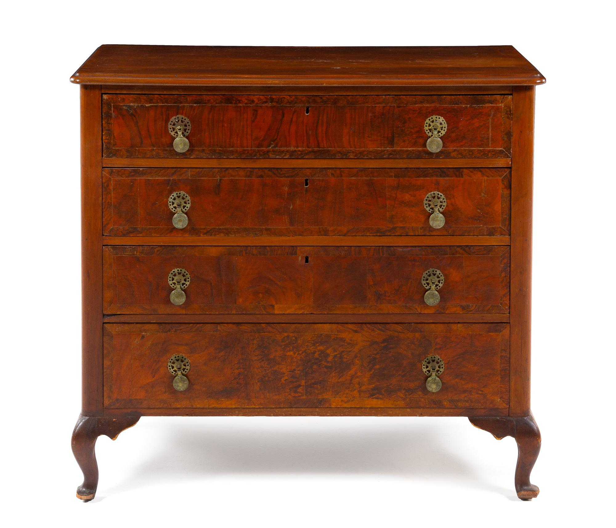 A William and Mary Style Burlwood Chest Height 37 1/2 x width 41 x depth 18 1/4 inches. — 19TH CENTURY