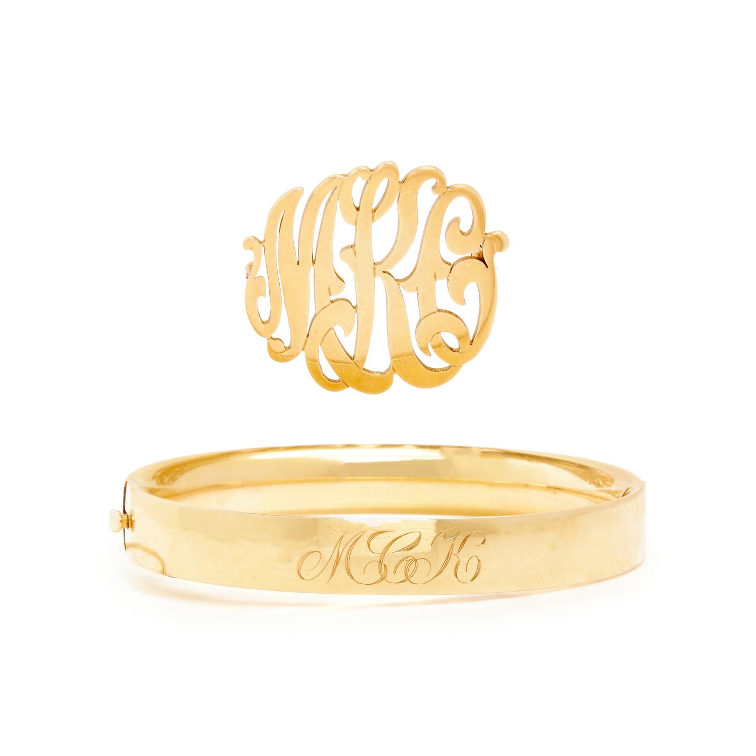 YELLOW GOLD INITIAL BROOCH AND MONOGRAMMED BANGLE