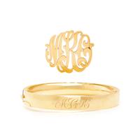 YELLOW GOLD INITIAL BROOCH AND MONOGRAMMED BANGLE