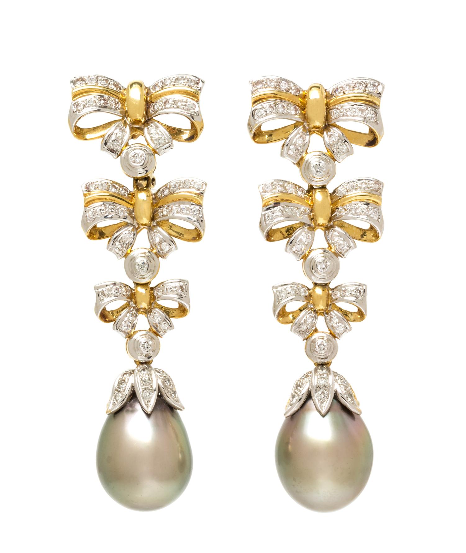 A Pair of 18 Karat Bicolor Gold, Diamond and Cultured Tahitian Pearl Convertible Earrings, 19.65 dwts.