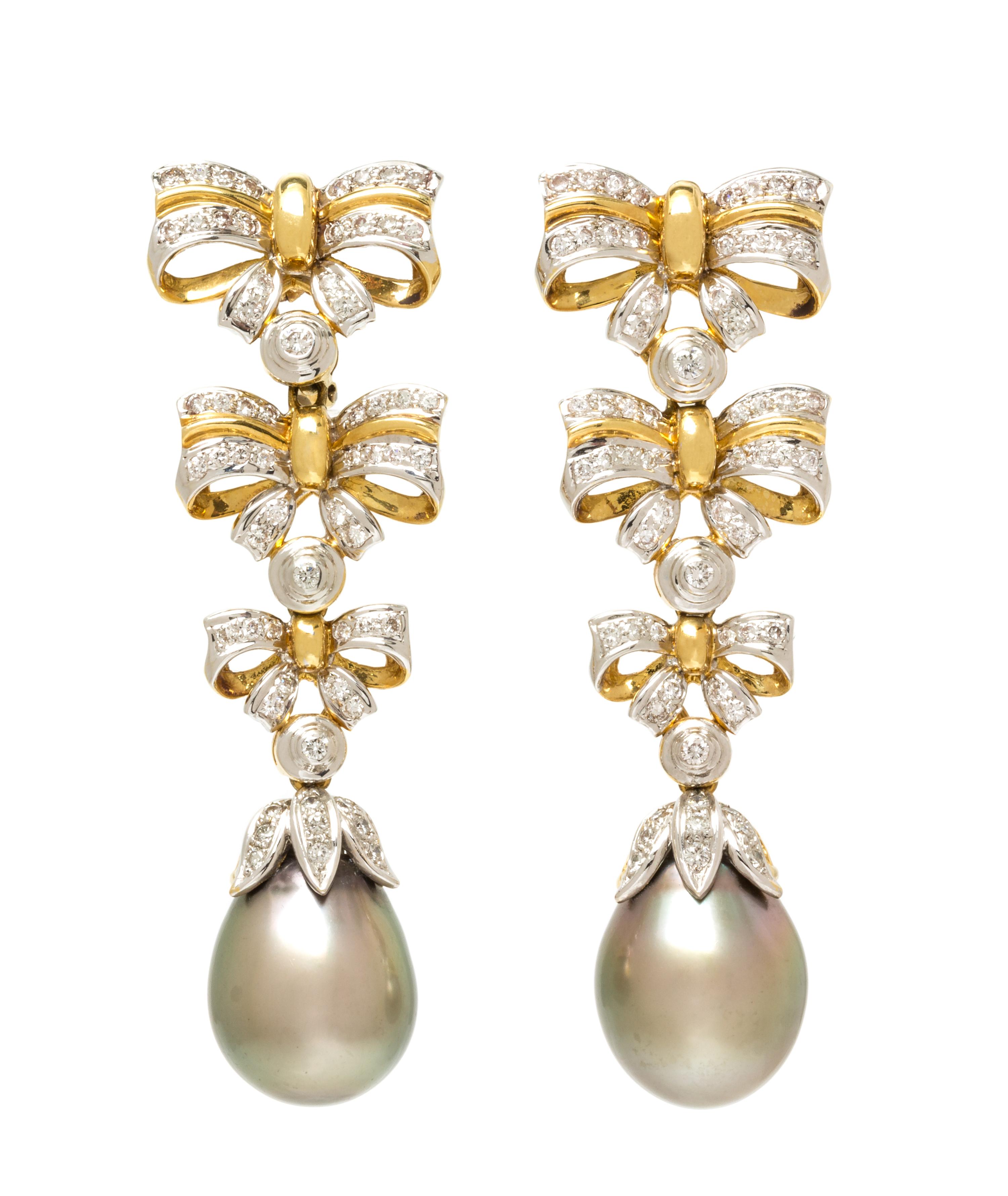 A Pair of 18 Karat Bicolor Gold, Diamond and Cultured Tahitian Pearl Convertible Earrings, 19.65 dwts.