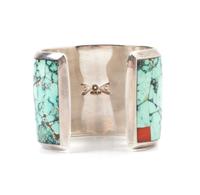 Sterling Silver, Turquoise, and Coral Bracelet with Hallmark (Artist Unknown)