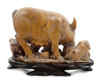A Chinese Carved Soapstone Figure of Pig and Piglets