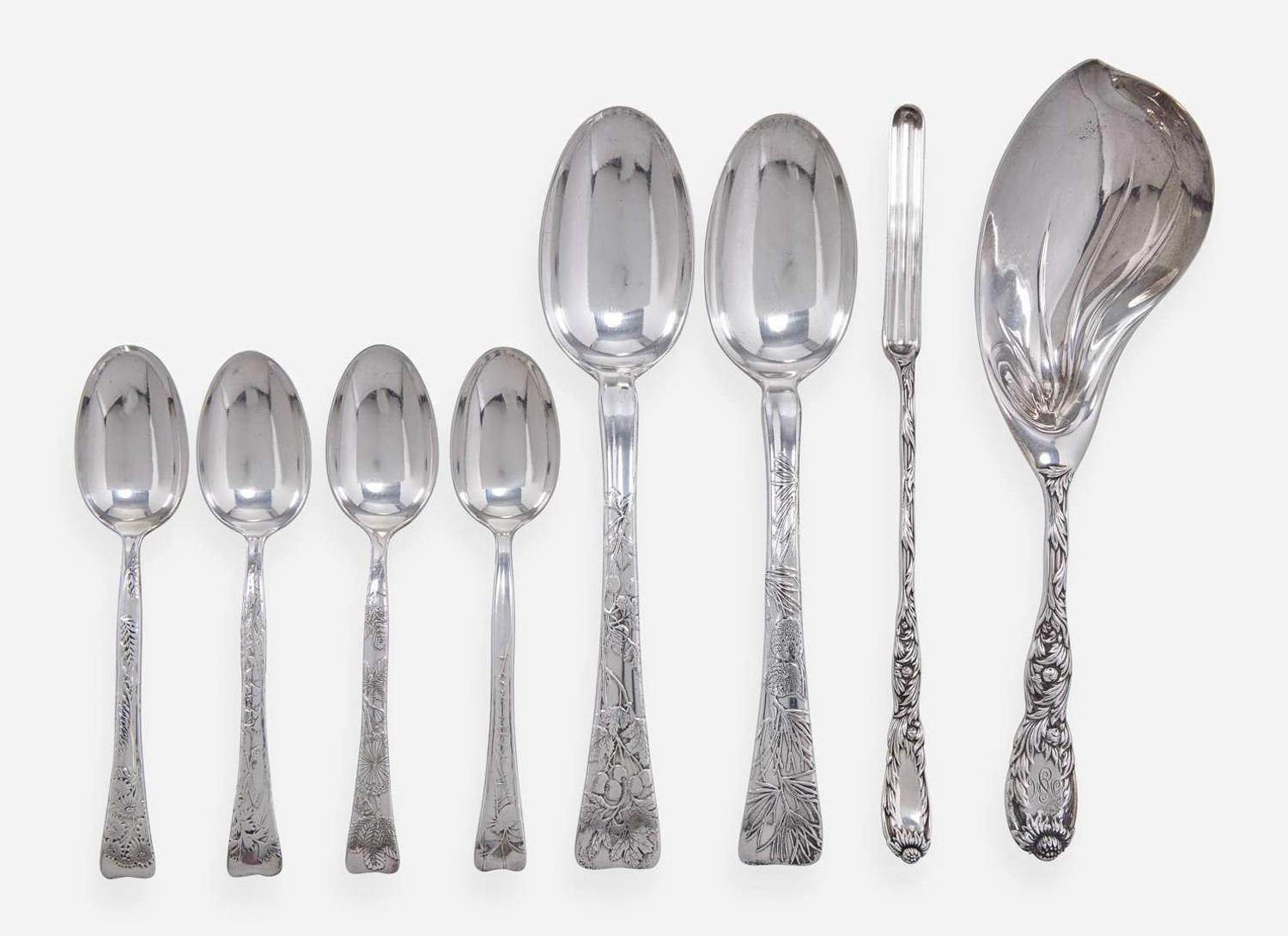 An assembled collection of forty-five sterling silver flatware and serving items in various patterns, Tiffany & Co., New York, NY, late 19th century
