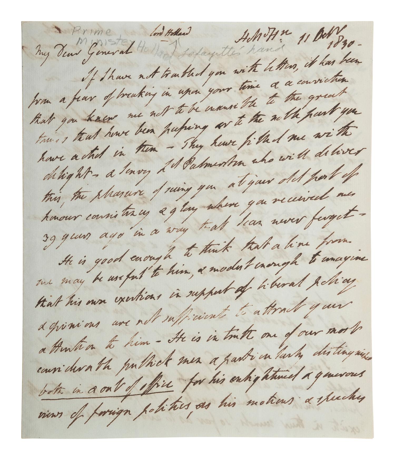 LAFAYETTE, Marie Joseph Paul Yves Roch Gilbert du Motier, Marquis de (1757-1834). Two-word annotation ("Lord Holland"), accomplished on: