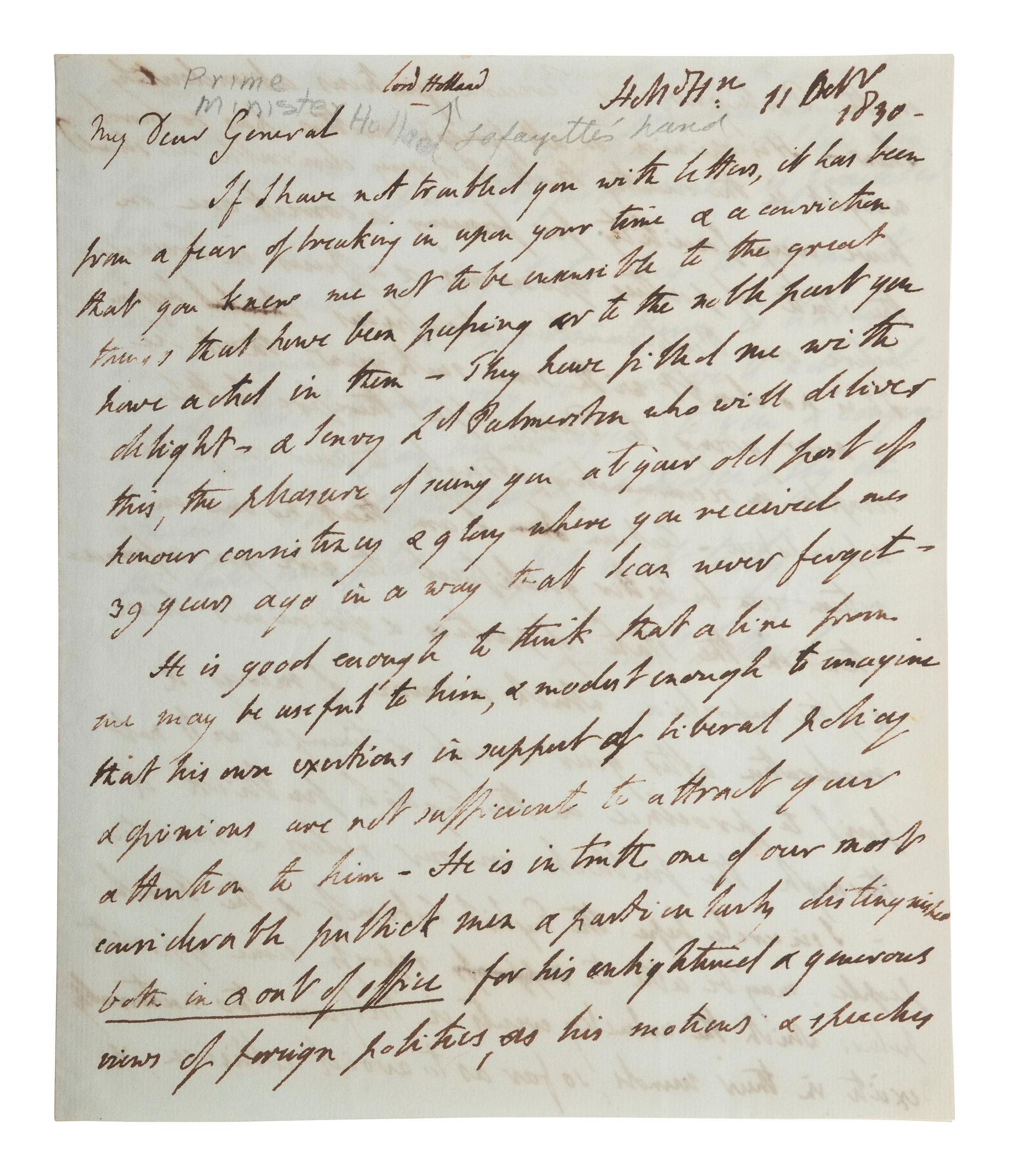 LAFAYETTE, Marie Joseph Paul Yves Roch Gilbert du Motier, Marquis de (1757-1834). Two-word annotation ("Lord Holland"), accomplished on: