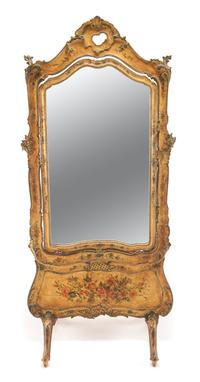 A Venetian Polychrome Painted Cheval Mirror Height 77 1/4 x width 35 x depth 19 1/4 inches. — 19TH CENTURY