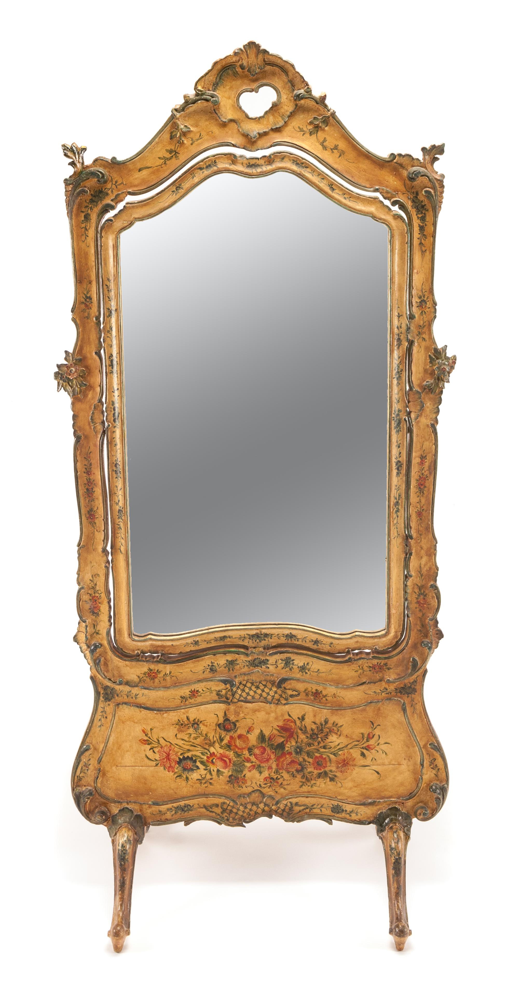 A Venetian Polychrome Painted Cheval Mirror Height 77 1/4 x width 35 x depth 19 1/4 inches. — 19TH CENTURY