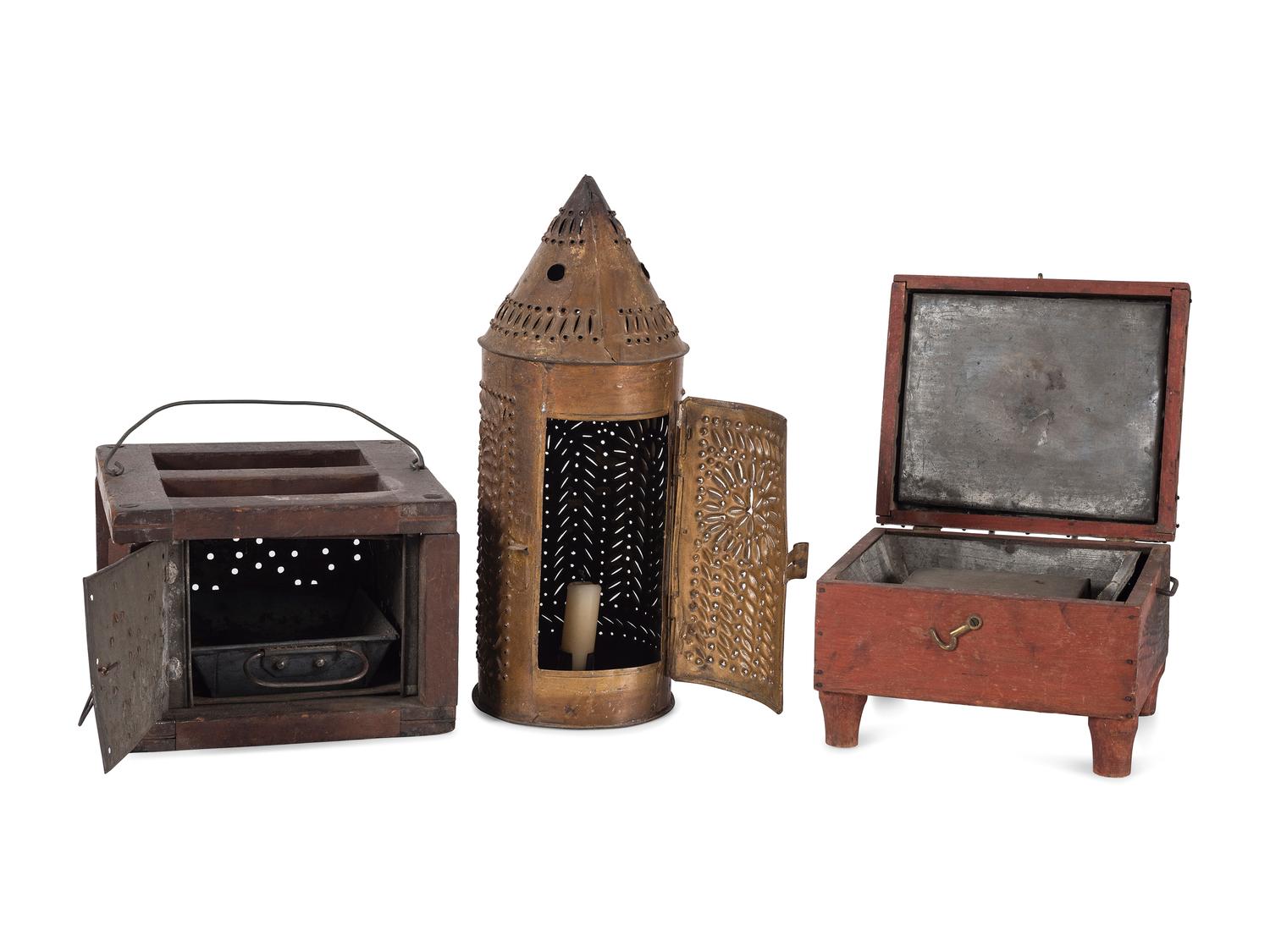 A Punched Tin Lantern And Two Foot Warmers
