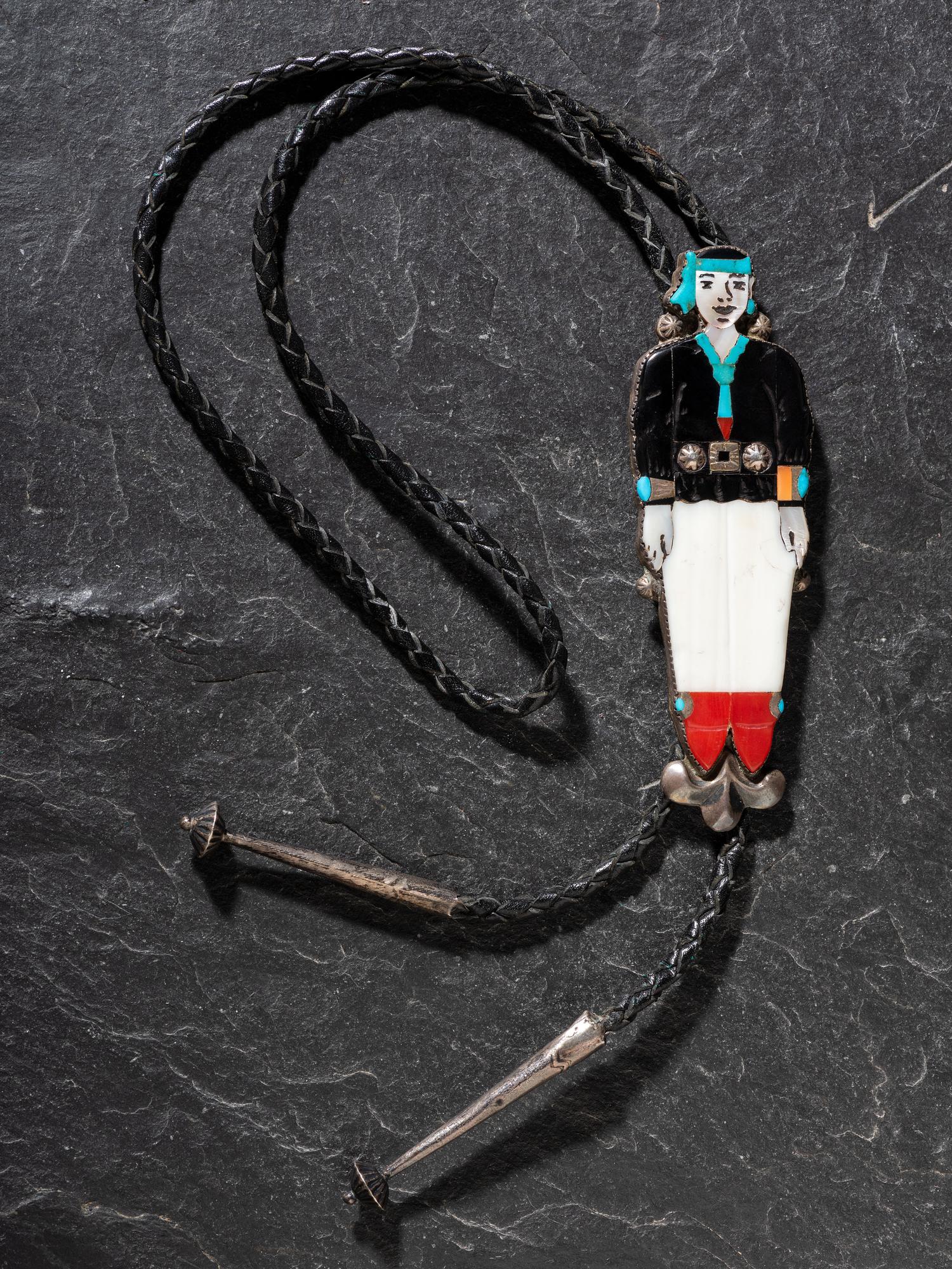 Zuni Mosaic Inlay Figural Male Bolo Tie