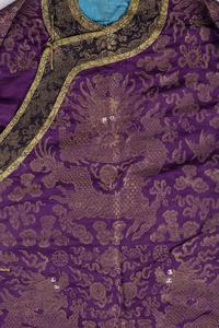 A Chinese Magenta Gold Brocade Dragon Robe